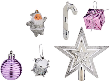 Krist+ Kersthangers - 24x st - met piek - zilver/paars - voor mini kerstboom