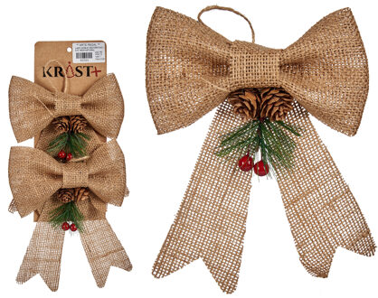 Krist+ Kerststrikjes kersthangers - 2x - beige - 15 x16 cm - jute
