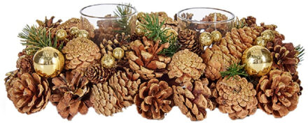 Krist+ Kerststukje theelichthouder - goud/groen - 29 x 18 x 11 cm - tafeldecoratie Multi