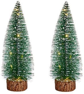 Krist+ Kleine decoraties kerstboompjes 2x stuks - 25 cm - met licht - Kerstdorpen Groen