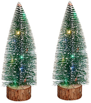 Krist+ Kleine decoraties kerstboompjes 2x stuks - 25 cm - met licht - Kerstdorpen Groen