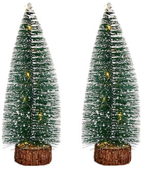 Krist+ Kleine decoraties kerstboompjes 2x stuks - 30 cm - met licht - Kerstdorpen Groen