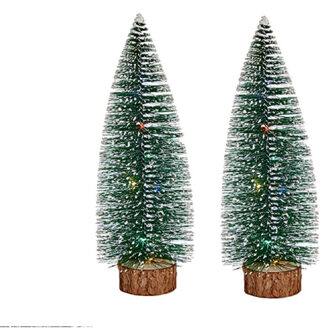 Krist+ Kleine decoraties kerstboompjes 2x stuks - 30 cm - met licht - Kerstdorpen Groen