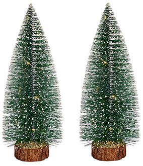 Krist+ Kleine decoraties kerstboompjes 2x stuks - 35 cm - met licht - Kerstdorpen Groen