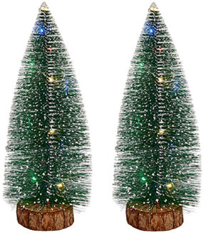 Krist+ Kleine decoraties kerstboompjes 2x stuks - 35 cm - met licht - Kerstdorpen Groen