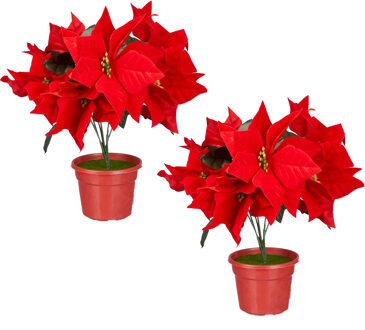 Krist+ Kunstplant Kerstster - 2x -?Poinsettia - rood - H30 cm - nepplant - kerstplant - kamerplant