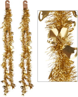 Krist+ Lametta kerstslingers - 2x - goud - folie - 200 x 12 cm - met kerstklokjes
