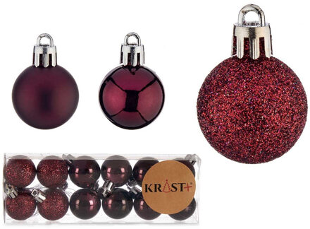 Krist+ mini kerstballen - 12x stuks - wijn/bordeaux rood - kunststof -3 cm - Kerstbal