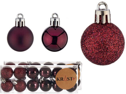 Krist+ mini kerstballen - 24x stuks - wijn/bordeaux rood - kunststof -3 cm - Kerstbal