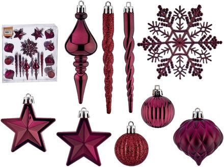 Krist+ ornamenten set - 32x - wijn/bordeaux rood - kunststof - Kersthangers