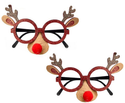 Krist+ Rendier feestbrillen - 2x st - met neus - bruin/goud - 15 cm - bril met neus - rendier accessoires