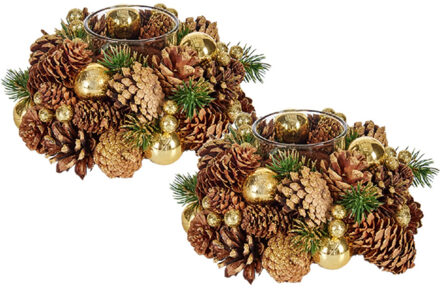 Krist+ Set van 2x stuks kerst thema kaarsenhouders ornament bruin met goud nature 18 cm - Waxinelichtjeshouders