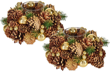 Krist+ Set van 2x stuks kerst thema kaarsenhouders ornament bruin met goud nature 18 cm