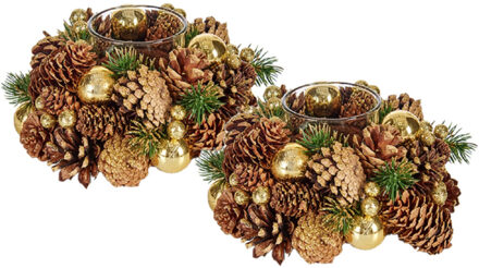 Krist+ Set van 2x stuks kerst thema kaarsenhouders ornamenten gold/green nature 19 x 19 x 9 cm