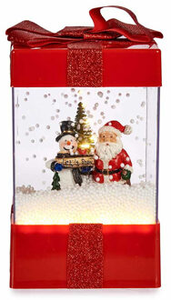Krist+ Snowglobe lantaarn - kerstman en sneeuwpop - rood - 22,5 cm - met verlichting en muziek