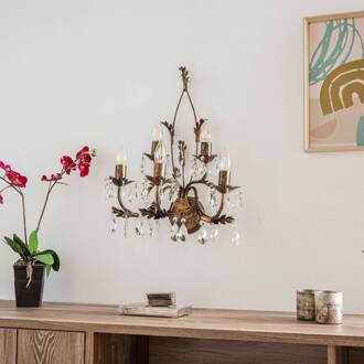 Kristallen wandlamp Teresa, brons 5-lamps antiek brons, goud, helder