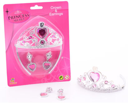 kroon en oorbellen Princess Secret zilver 20 cm Zilverkleurig