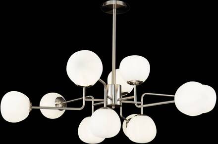 kroonluchter Erich, nikkelkleurig glas/metaal 12-lamps. nikkel, wit