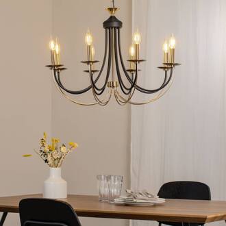 Kroonluchter Ferra, messing antiek, 8-lamps antiek messing, zwart