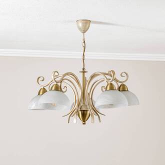 Kroonluchter Flora, vijf glazen kappen, wit/messing wit, gesatineerd, messing