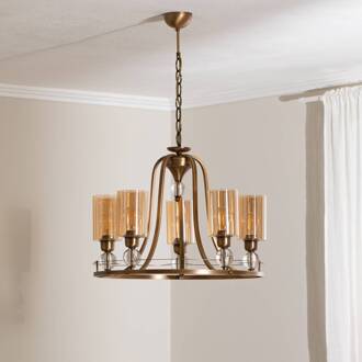 Kroonluchter Jadina, goud antiek, 5-lamps, Ø 62 cm metaal/glas antiek goud, amber-transparant