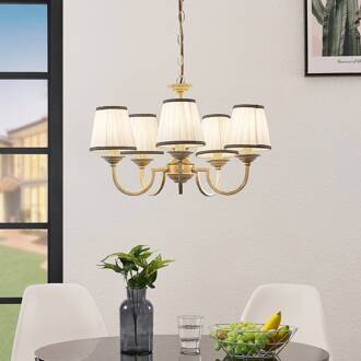 kroonluchter Lumiel, 5-lichts, crème/messing, textiel crème, antiek messing