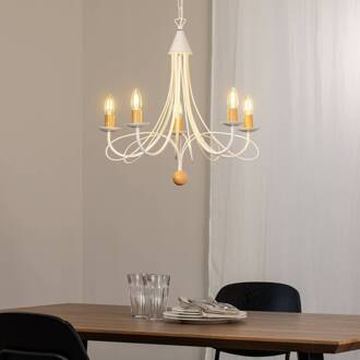 Kroonluchter Milvia, 5-lamps, wit/houtkleur, metaal wit, houtkleurig