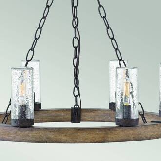 Kroonluchter Sawyer, 6-lamps, houtkleur, staal, glas, E14 bruin, grijs, helder