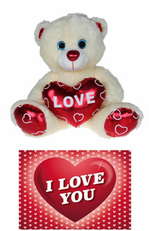 Kruger Pluche knuffelbeer - 25 cm - wit/rood - Valentijn Love hartje - hartjes wenskaart