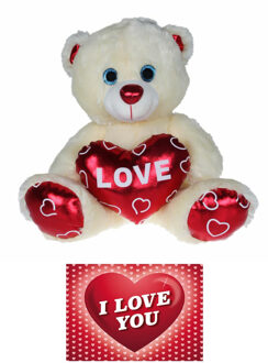 Kruger Pluche knuffelbeer - 60 cm - wit/rood - Valentijn Love hartje - hartjes wenskaart