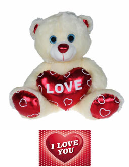 Kruger Pluche knuffelbeer - 80 cm - wit/rood - Valentijn Love hartje - hartjes wenskaart