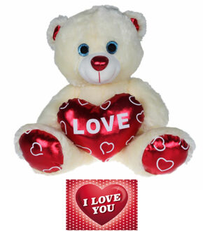 Kruger Pluche knuffelbeer - 90 cm - wit/rood - Valentijn Love hartje - hartjes wenskaart