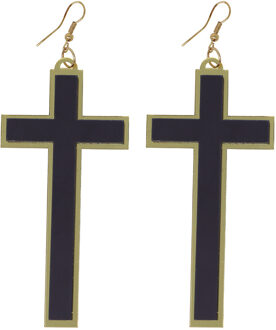 Kruis oorbellen - horror non - zwart/goud - Halloween/carnaval thema verkleed accessoires