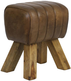 Kruk 40x31x46 cm RAMY leer donker bruin+hout naturel