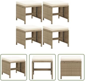 Kruk Vierkant - 40.5 x 40.5 x 35 cm - PE-rattan Beige - Crèmewit kussen