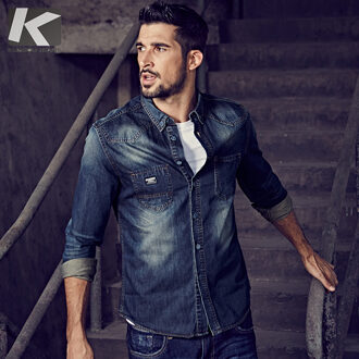 Kuegou Herfst 100% Katoen Blauw Denim Shirt Mannen Jurk Button Casual Slim Fit Lange Mouwen Voor Man Brand blouse 15005