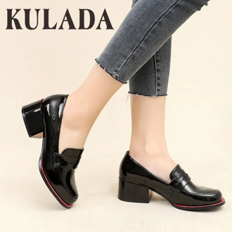KULADA New Women Pumps Shoes Patent Leather Thick Heel Shoes Women Round Toe Pumps Fashion Ladies Pull-On Shoes Spring Autumn