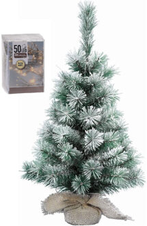 Kunst kerstboom - besneeuwd - H60 cm - met kerstverlichting - warm wit - kunstboom - jute zak