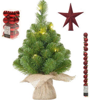 Kunst kerstboom met 15 LED lampjes 60 cm inclusief rode versiering 31-delig - Kunstkerstboom Rood