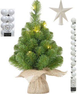 Kunst kerstboom met 15 LED lampjes 60 cm inclusief witte versiering 31-delig - Kunstkerstboom