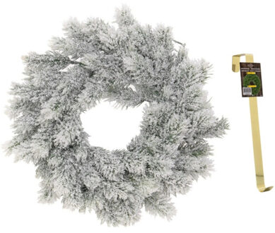 Kunst kerstkrans groen/sneeuw 35 cm met gouden hanger