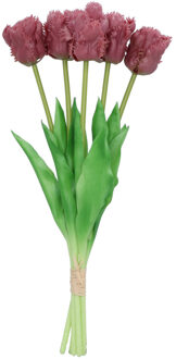 Kunst tulpen boeket - 5x stuks - aubergine paars - real touch - 39 cm