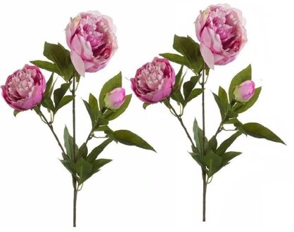 Kunstbloem pioenrozen tak - 2x - 3 bloemen - roze - 70 cm - decoratie