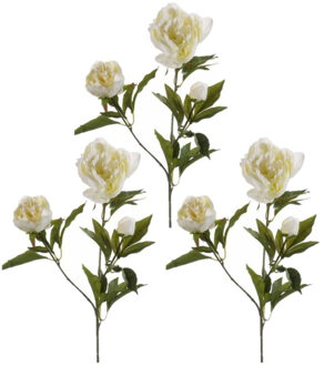 Kunstbloem pioenrozen tak - 3x - 3 bloemen - wit - 70 cm - decoratie