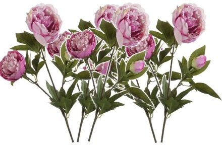 Kunstbloem pioenrozen tak - 5x - 3 bloemen - roze - 70 cm - decoratie