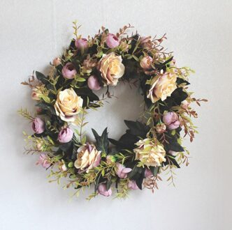 Kunstbloem Ronde krans rotan zijden bloem simulatie rose bloem plant wedding home muur deur decoratie party licht paars-35cm