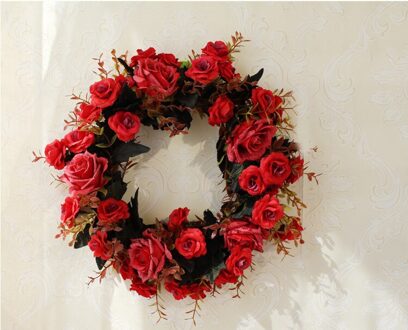 Kunstbloem Ronde krans rotan zijden bloem simulatie rose bloem plant wedding home muur deur decoratie party rood-35cm