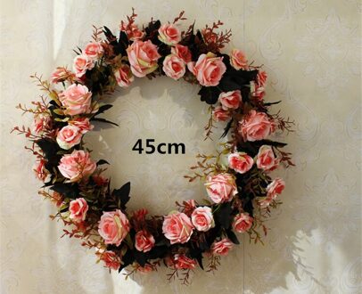 Kunstbloem Ronde krans rotan zijden bloem simulatie rose bloem plant wedding home muur deur decoratie party roze-45cm