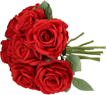 Kunstbloem Roos de luxe - 10x - rood - 30 cm - kunststof steel - decoratie bloemen