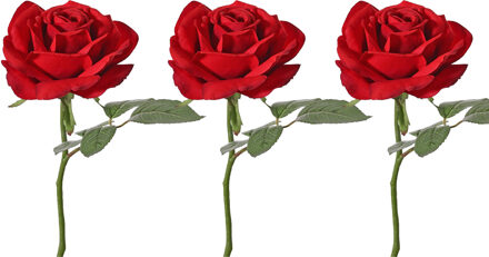 Kunstbloem Roos de luxe - 3x - rood - 30 cm - kunststof steel - decoratie bloemen